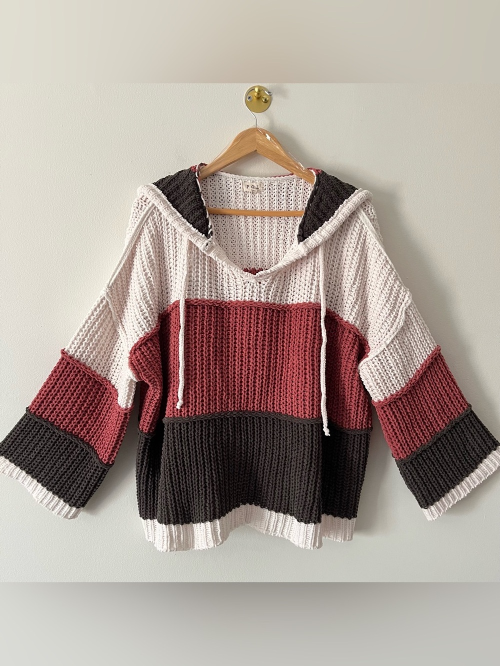 POL Chunky Knit Colorblock Hooded Sweater Cream Burnt Orange Olive Green Boxy S